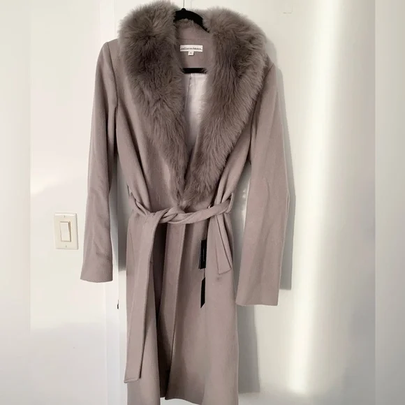 Sofia Cashmere wool real lamb shearling fur trim coat NWT - Picture 1 of 8